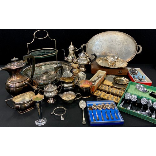 173 - Plated ware - silver plated galleried trays, four silver plated tea service, spoons sets; etc