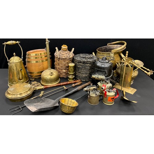 177 - Brass - Limelight Hockle lamp,17cm high; planished brass coal scuttle, other smaller; etc