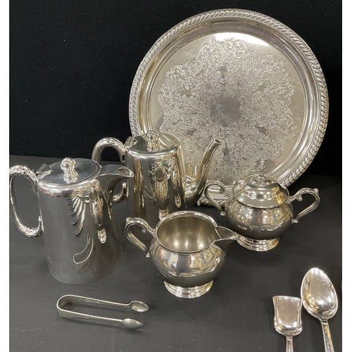 187 - Plated ware - Walker and Hall silver plated flatware 'Atlantic Design' for six, silver plated tray, ... 