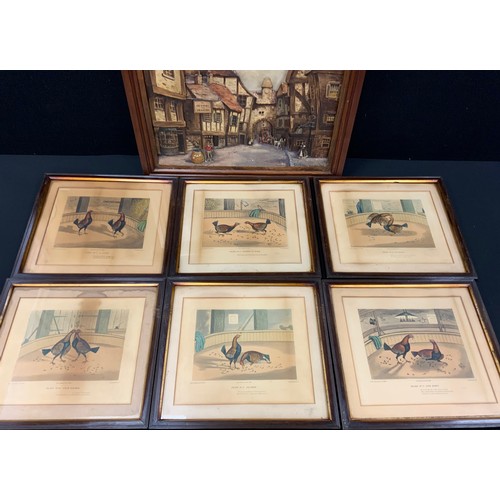 190 - A series of six narrative engravings of fighting cocks, each 32cm x 35cm ; a three dimensional woode... 