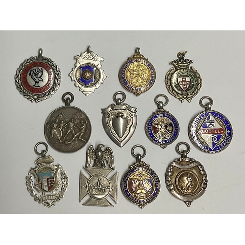 55 - Silver enameled & silver gilt sporting medals inc Liverpool Business Houses sports association, Boot... 