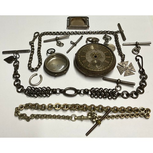 56 - An unmarked silver coloured metal textured link Albert chain, Maltese cross Tbar and loop terminals,... 