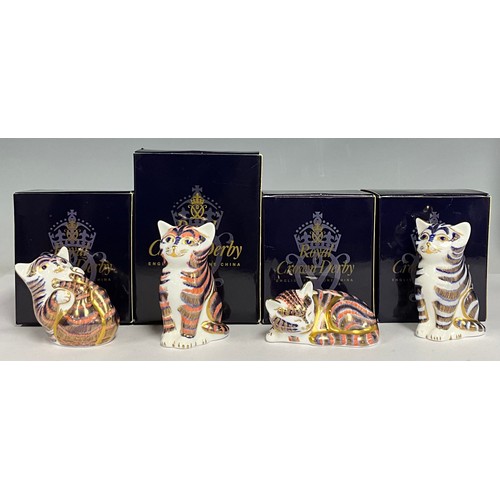 6 - Royal Crown Derby paperweights - Playful Kitten, Sleeping Cat, Imari cat and another blue and gilt, ... 