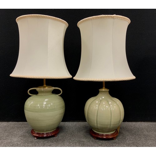 317 - Interior Design - Lighting - A Taiwanese Celadon table lamp, of compressed ovoid form, with decorati... 