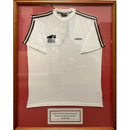 323 - A David Backham signed Adidas Generations Predator white football shirt, D8 F6, purchased at the Roy... 