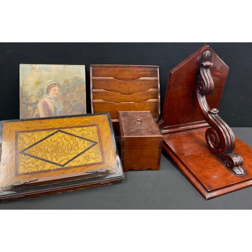 324 - A Victorian mahogany wall bracket, scrolled support;  tea caddy;  oak stationery letter rack;  music... 