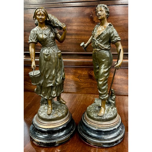 325 - A pair of French bronzed spelter figures, titled Lavandiere and Jardinere, black plinth bases, 40cm ... 