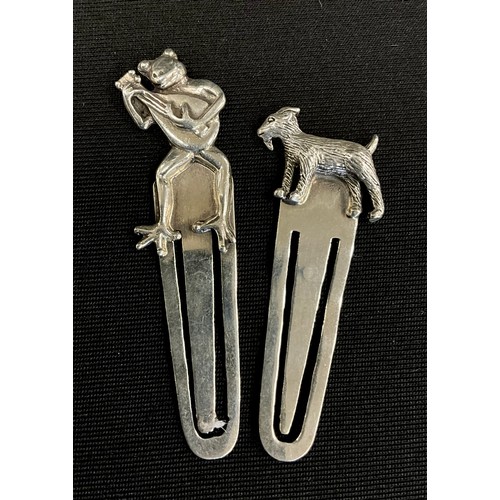 347 - A silver book mark, crested by a dog; another, with a frog playing a lute (2)