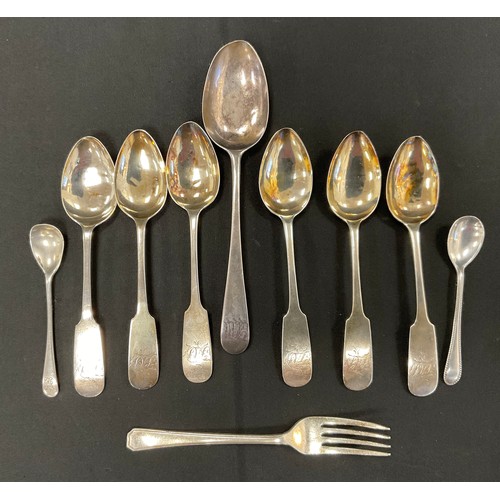 345 - A George III silver spoon, London 1786;  set of six tea spoons, Thomas Watson, Newcastle 1802 etc 15... 