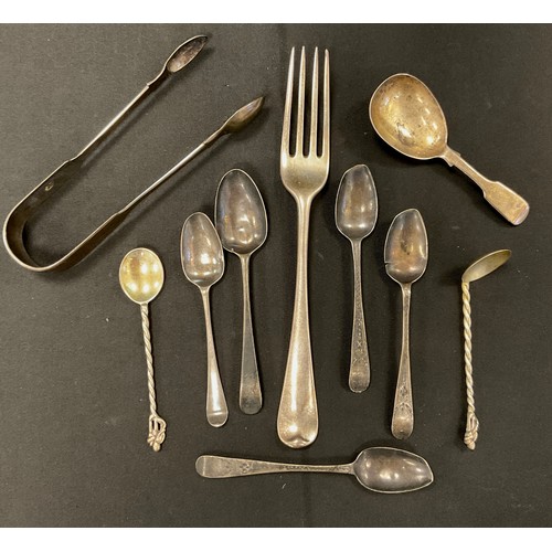 343 - A George III silver fork, probably Richard Crossley, London 1790;  pair of sugar tongs, London 1824 ... 