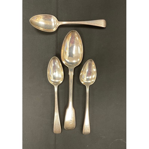 346 - A George IV silver serving spoon, William Ealey, London 1824; other smaller spoons, London 1811, 181... 