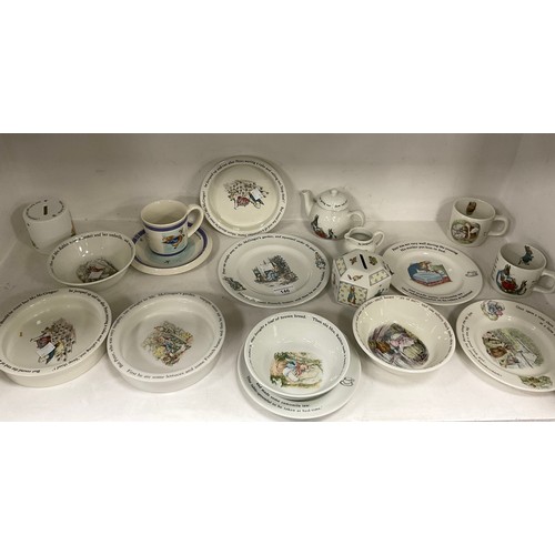 146 - Wedgwood from the Beatrix Potter designs including; children’s bowls, money boxes, circular dishes a... 