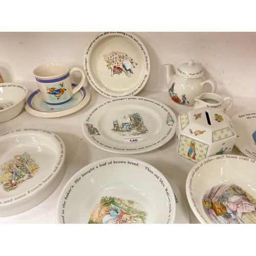 146 - Wedgwood from the Beatrix Potter designs including; children’s bowls, money boxes, circular dishes a... 