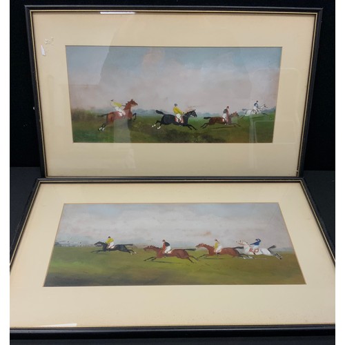 316 - Manner of Philip Henry Rideout, (British 1860-1920) a pair, Steeplechasers, unsigned, 16cm x 35cm (2... 