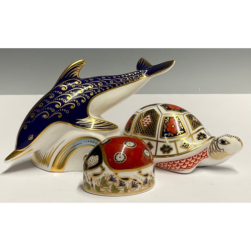 7 - Royal Crown Derby paperweights -  Dolphin, gold stopper, Ladybird, Gold Stopper, Tortoise, Seconds. ... 