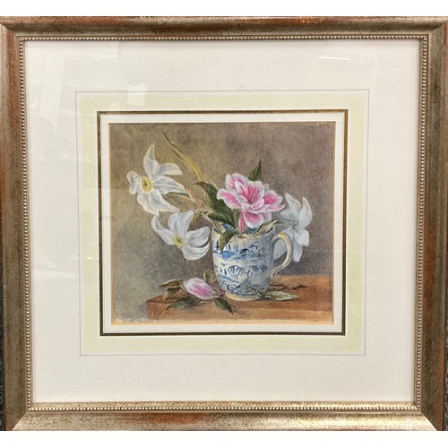 8 - English School 
Still life study anemones in a willow pattern blue and white tea cup, 
watercolour, ... 