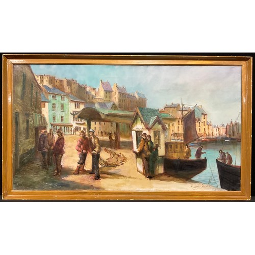 656 - Terry Burke (1927-2018)
Harbour Scene with Fishermen  
signed, oil on canvas, 90cm x 50cm