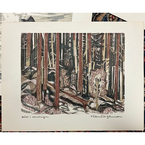 29 - Frithjof Tidemand-Johannessen (1916-1958), a portfolio of twelve colour woodcuts, Norway, each measu... 