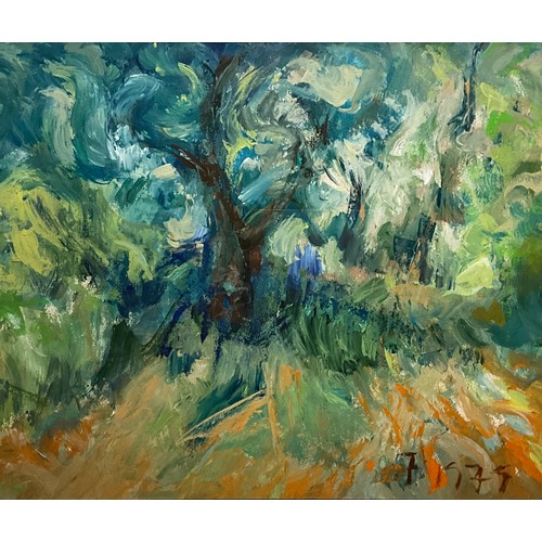 37 - Michael Forster  (bn. India, 1907-2002)  
Impressionist landscape with tree 
signed, dated 1979, Pol... 