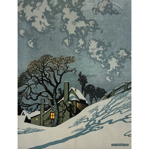 42 - Sylvan G Boxsius  (1878 - 1941), Winter Cottage at Twilight,  colour woodcut, 35cm x 27cm (frame siz... 