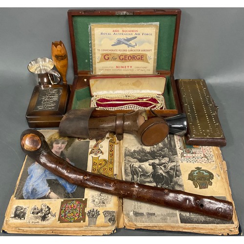 842 - An Edwardian EPBM hunting flask, leather case;  Mahogany pistol box,  shillelagh, scrap album, etc