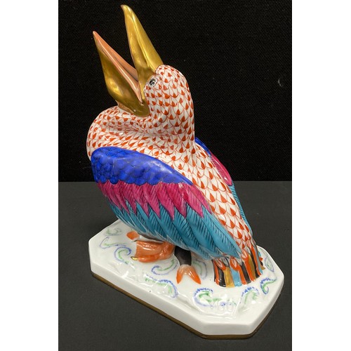 1 - A Herend hand painted porcelain model of a Pelican, standing with open beak on rectangular base with... 