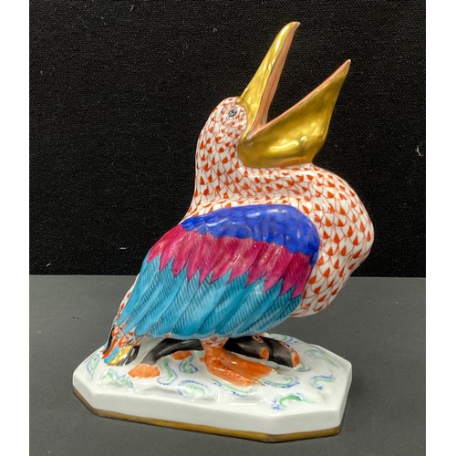 1 - A Herend hand painted porcelain model of a Pelican, standing with open beak on rectangular base with... 