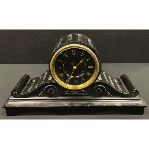 41 - A 19th century belge noir mantel clock, serpentine drum body, bevelled glass face and back, Achilles... 