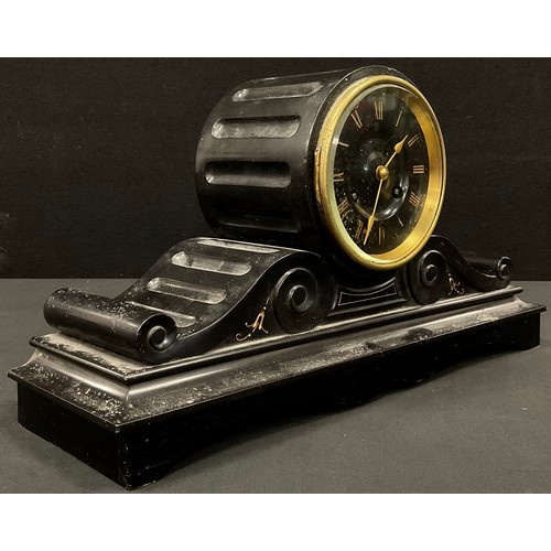 41 - A 19th century belge noir mantel clock, serpentine drum body, bevelled glass face and back, Achilles... 