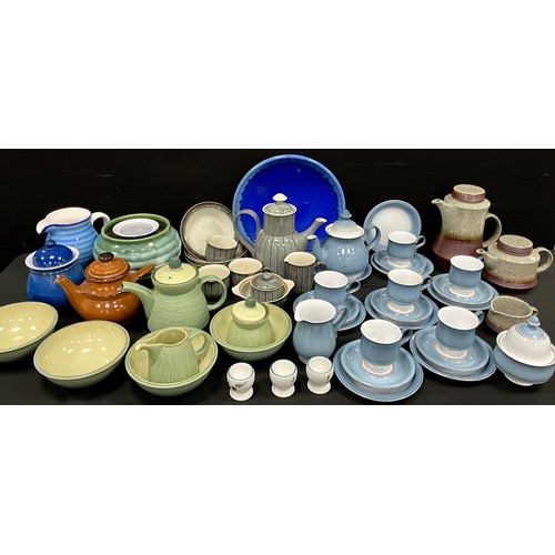 A Denby ‘Calm’ pattern stoneware teapot, milk jug and sucrier, with ...