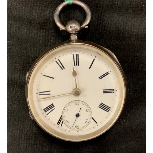 244 - A Victorian silver pocket watch, white enamel dial, bold Roman numerals, subsidiary seconds, key win... 