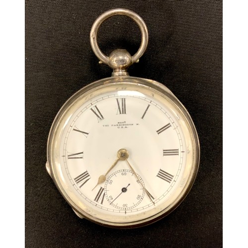 246 - A Victorian silver pocket watch, white enamel dial, marked The Farringdon H, U.S.A,  bold Roman nume... 