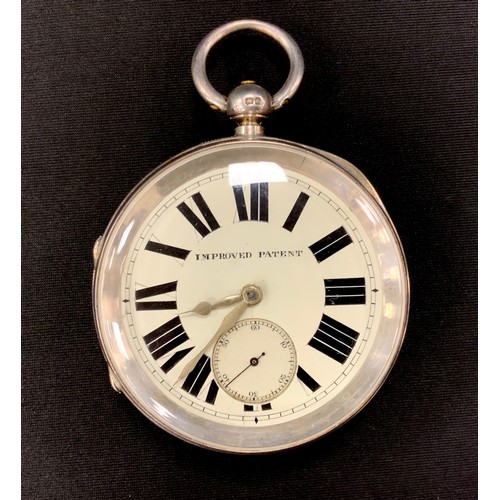 253 - A large Victorian silver improved patent pocket watch, cream enamel dial, bold Roman numerals, subsi... 