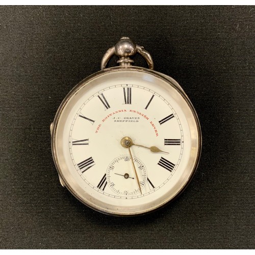 256 - A Victorian silver The Britannia English Lever pocket watch, white enamel dial, signed J G Graves Sh... 