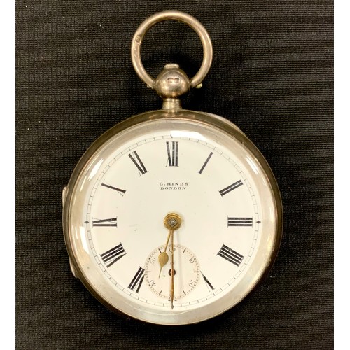 259 - A Victorian silver pocket watch, white dial, signed G Hinds London, bold Roman numerals, key wind mo... 