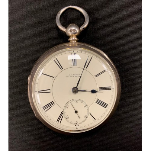 260 - A Victorian silver pocket watch, cream enamel dial, marked A Leveen, Manchester, bold Roman numerals... 