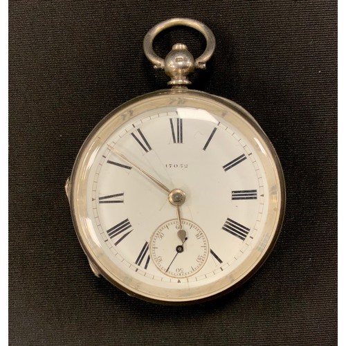 261 - A Victorian silver pocket watch, white enamel dial, marked 17052, key wind movement signed Thomas We... 