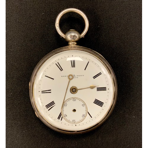 262 - A Victorian silver pocket watch, white enamel dial, signed KENDAL & DENT, LONDON, bold Roman numeral... 