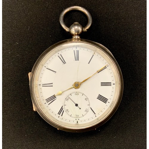 263 - A George V silver pocket watch, white enamel dial, bold Roman numerals, subsidiary seconds, key wind... 