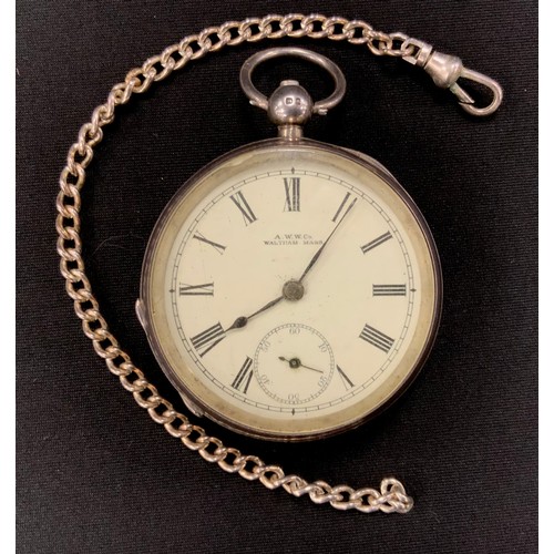 264 - A Victorian Waltham silver pocket watch, white enamel dial, bold Roman numerals, subsidiary seconds,... 