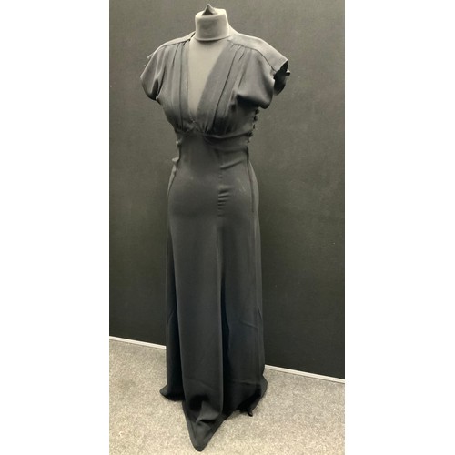 212 - A Vintage 1960s Ossie Clark for Radley Moss Crepe black dress, size 36, (10) with V neck, five butto... 