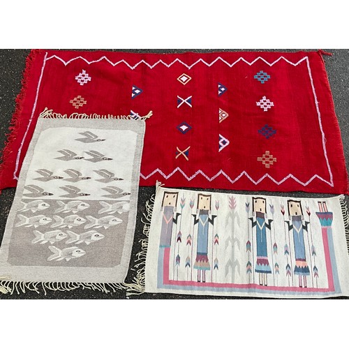 A Navajo Yei wool rug, 127cm x 73cm; a Moroccan kilim style rug, hand ...