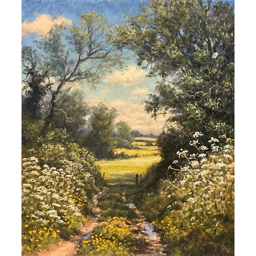 54 - Mervyn Goode (bn. 1948) 
Dees cart track, Buttercups and Hedge Parsley 
signed, oil on canvas, 30.5c... 