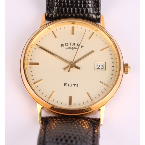 1003 - Rotary - an Elite 18ct gold cased wristwatch, cream dial, block baton markers, centre seconds, date ... 