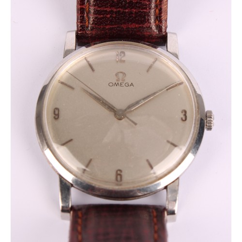 1004 - Omega - a 1950s 14387 manual wristwatch, 32mm stainless steel snap back case, silver dial, Arabic nu... 