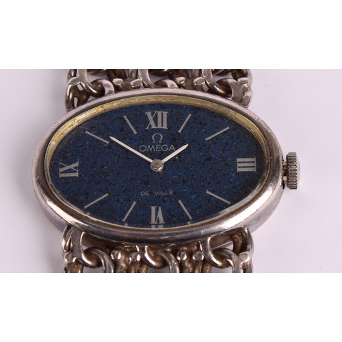 1010 - Omega - De Ville lady's silver cased mechanical wristwatch, with oval enamelled faux lapiz lazuli di... 