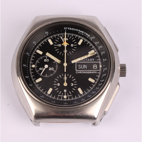 1013 - Tutima - a 1980s Military Chronograph watch head, black dial, three subsidiary registers, block bato... 