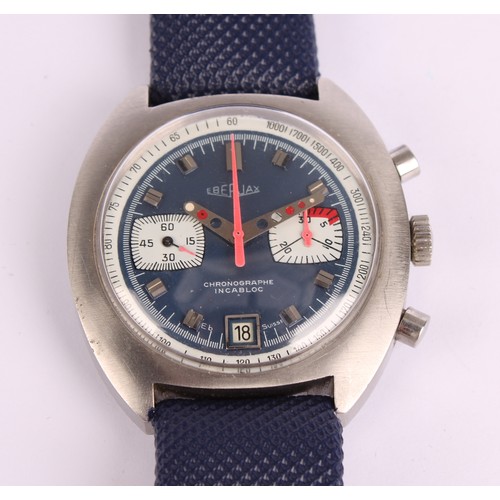 1018 - Ederjax - a chronograph wristwatch, 38mm stainless steel case, blue dial with two grey subsidiary re... 