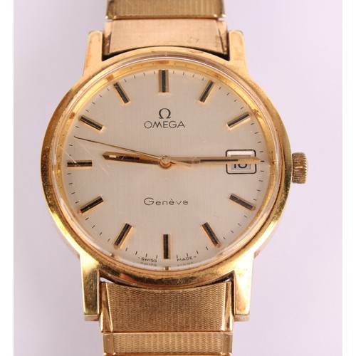 1030 - Omega - a Genève gold plated wristwatch, ref 136-0104, 34mm diameter snap back case, silvered dial, ... 