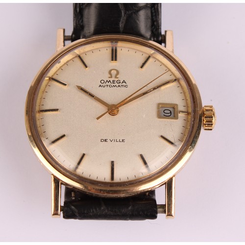 1043 - Omega - 1970s De Ville automatic 9ct gold cased wristwatch, silver dial, block baton markers, date a... 